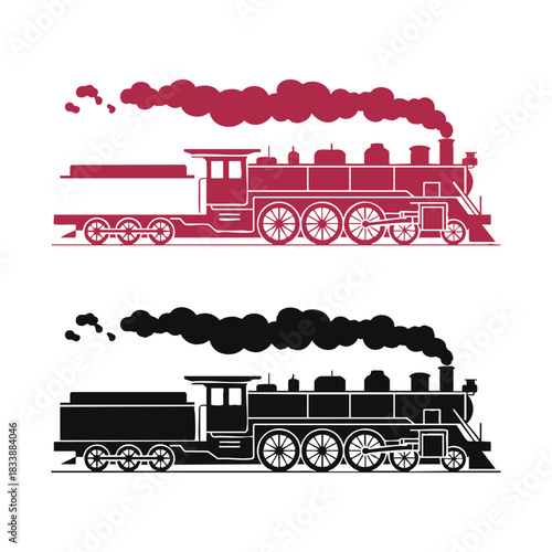 Steam Locomotive Vector Silhouettes, Vintage Train Graphic in Red and Black, Old Fashioned Train with Smoke Plumes, Two Steam Engine Illustrations, silhouette, vector, illustration