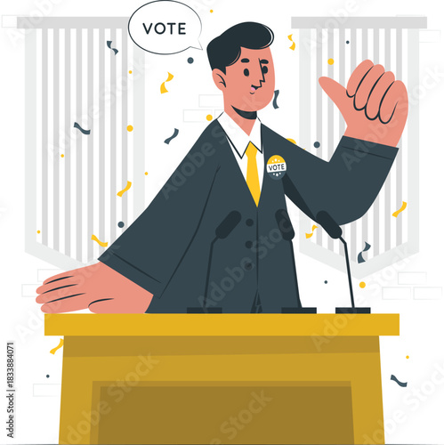 Politician speaking at podium with vote badges and confetti microphones election