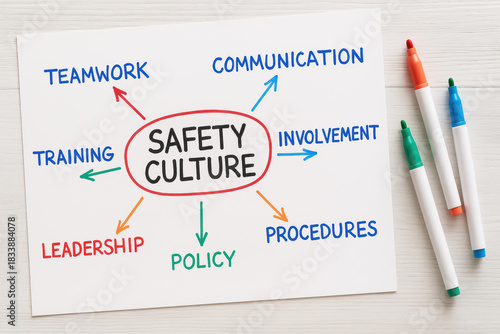 Conceptual diagram of safety culture with teamwork, communication, leadership, training, and policy. Professional management