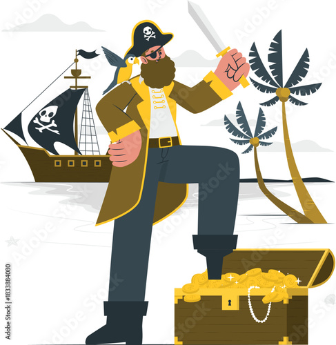 Pirate with treasure chest and ship on tropical island gold coins