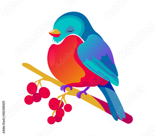 Colorful illustration of a bullfinch bird perched on a branch with berries