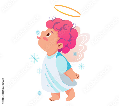 Фотография Cute angel blowing snowflakes, winter holiday illustration