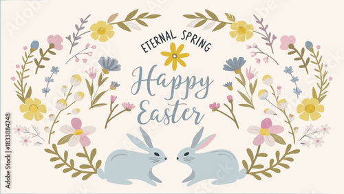 Charming illustration of two adorable light blue easter bunnies facing each other amidst a delicate floral wreath with the words happy easter and eternal spring