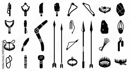 A collection of stylized black and white illustrations of various ancient weapons and tools.