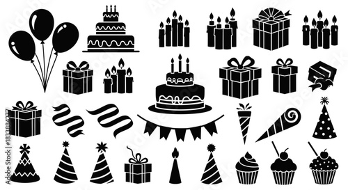A collection of black silhouette illustrations depicting various birthday celebration elements.
