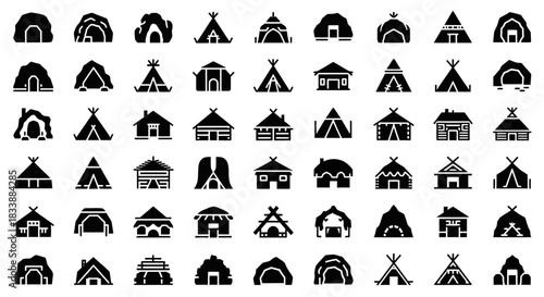 Collection of various black and white house and shelter icons.