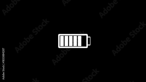 Battery charge level animation and low battery animation on black background. Low empty charge energy signal with looped animation.