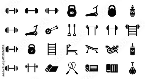 Collection of fitness icons including weights, machines, and accessories, all in black silhouette style.