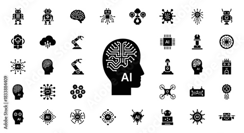 Collection of AI and Robotics icons, featuring a human head with circuit board design.