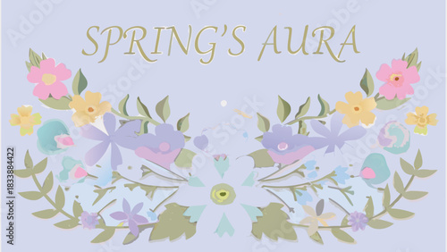 Spring s aura delicate watercolor floral arrangement with soft pastel colors and elegant script text on a light purple background