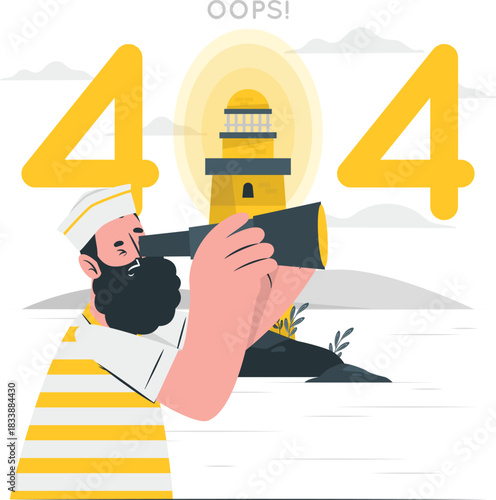 Sailor with spyglass looks at lighthouse with 404 error numbers page not found error message
