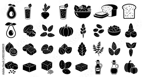 A collection of black and white vector icons depicting various healthy food items such as fruits, vegetables, grains, and oils.