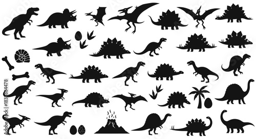 Collection of various dinosaur prehistoric animal silhouettes in black and white