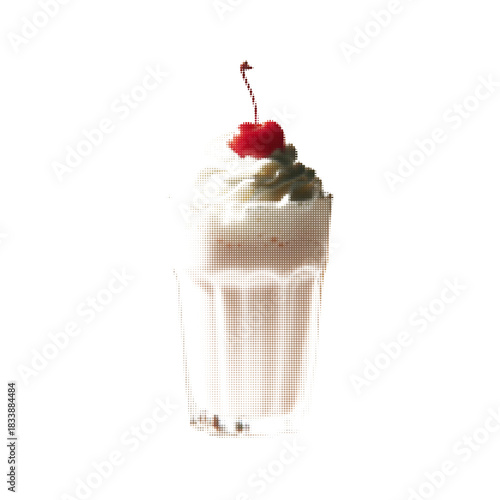 Realistic halftone illustration of a milkshake in a glass topped with whipped cream and a cherry on white background.