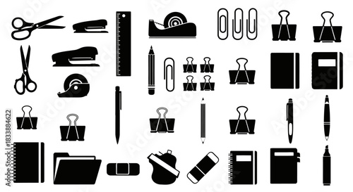 Collection of black silhouette stationery and office supplies icons