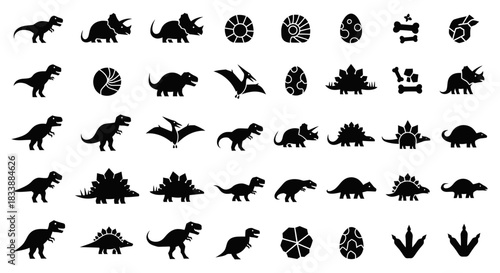 Collection of various dinosaur silhouettes and fossils for scientific education