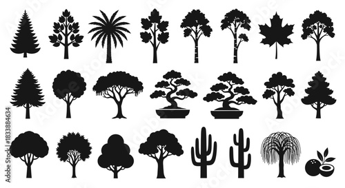 Variety of tree silhouettes representing different species and shapes