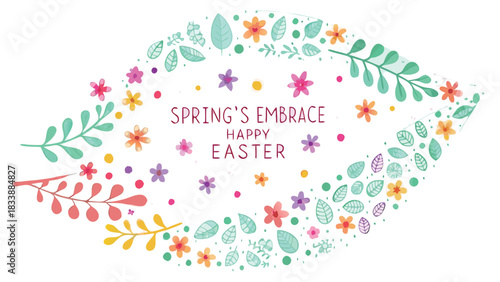 Spring s embrace happy easter greeting card with a delicate floral and leaf border in soft pastel colors on a white background
