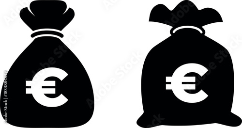 Vector illustration of black silhouette of a money bag with a euro symbol on a transparent background