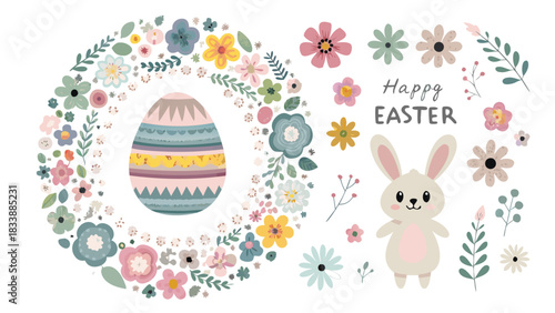 Whimsical easter illustration featuring a decorated egg surrounded by a floral wreath a cute bunny and scattered flowers and text that reads happy easter
