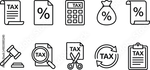Taxation, Accounting, and Finance Icon Set: Tax Document, Calculator, Percentage Bag, Law Gavel, and Filing Line Art Vector