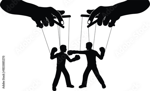 Large hands manipulating two fighting puppet men vector illustration, symbolizing control, manipulation, power struggle, hidden conflict, politics, management, and global affairs concept graphic