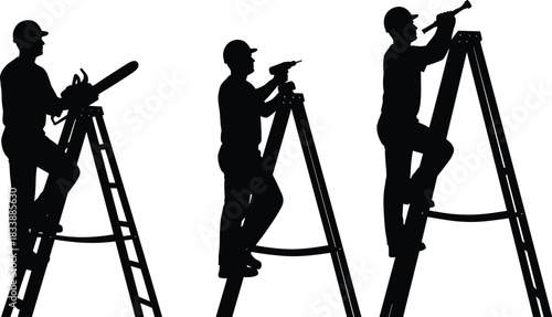 Silhouette vector illustration of a construction worker on a ladder, shown using a chainsaw, drill, and hammer, representing handyman, repair, construction, job, maintenance, and home 