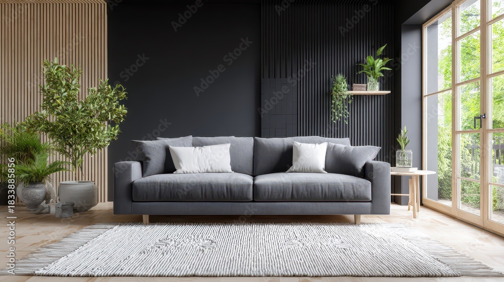 Fototapeta premium Minimalist lounge featuring a gray sofa, white rug, and a window with shutters in a calm neutral space