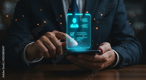 Online Verification and Compliance Man checking off digital tasks or verifying identity (KYC) on a holographic screen via smartphone