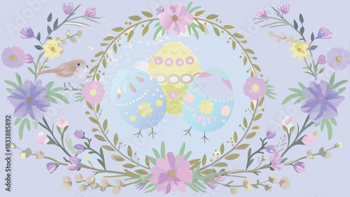 Whimsical easter illustration featuring decorated eggs and a bird amidst a floral wreath with pastel colors and a soft textured background for a festive spring celebration