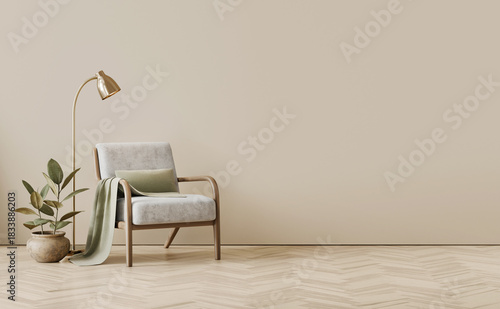 Simple and modern living room with mid-century armchair, floor lamp and  house plant in rough ceramic pot. Cozy and comfortable home design. Warm beige empty interior wall background. 3D render.