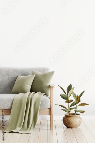 Simple and modern living room interior with gray sofa, green pillows, plaid and house plant in pot on white wall background with free copy space on top. Minimal home decoration. 3D render.
