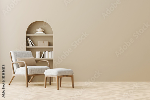Trendy modern living room with mid-century armchair and arched built-in niche with decorated shelves. Cozy and comfortable home design. Beige empty interior wall background. 3D render.
