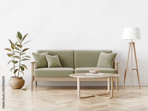 Living room interior with green sofa, indoor tree in pot, coffee table, standing lamp. Modern and comfortable home design. White and light empty interior wall background. 3D render.