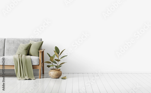 Simple white and green interior mockup with gray sofa, pillows, plaid and house plant in pot. Minimal living room design. Empty wall background with free copy space. 3D render.