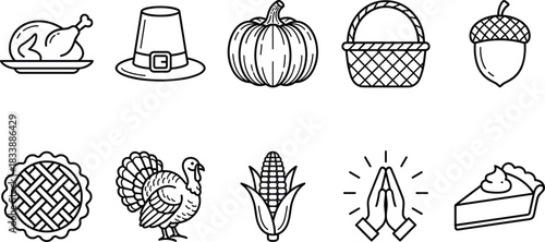 Thanksgiving, Fall Harvest, and Holiday Icon Set: Turkey, Pumpkin, Corn, Pie, Acorn, and Pilgrim Hat Line Art Vector