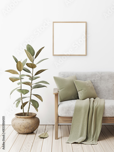 Artwork and poster mockup with square wooden frame in white and green living room interior with house plant and sofa with pillows. 3D render.
