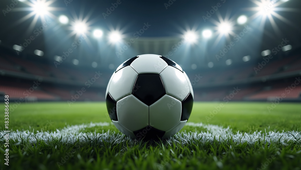 Fototapeta premium Soccer ball on goal-line turf—empty stadium and floodlights evoke anticipation, solitude, and the quiet tension before glory. 