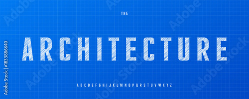 Architecture Font Logo Alphabet Vector Bold Condensed Letters Set Technical Blueprint Typography, Wireframe Typographic Title Text, Headline, Architect Fonts on Blue Grid Background. Vector Typeface