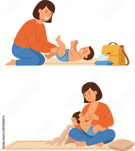 a mother with the activity of caring for a baby flat design