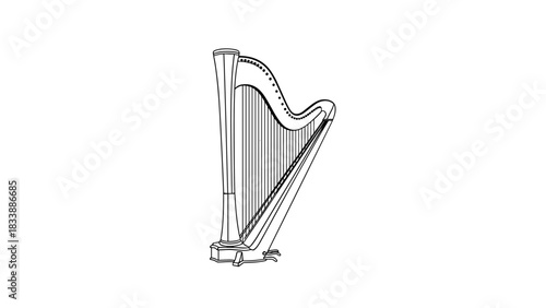 Illustration of a classical harp with strings and wooden frame on white background
