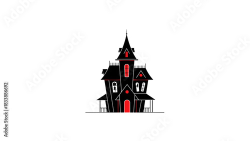 Haunted house with spooky architecture and red accents on white background