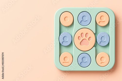 Interactive dog puzzle toy game for mental stimulation and enrichment. Fun feeder with paw print on pastel background