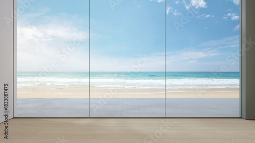Sea view empty living room of luxury summer beach house with terrace. Wooden floor and large glass wall in vacation home or holiday villa. Hotel interior 3d illustration.