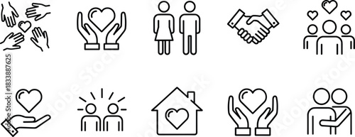 Love, Care, and Humanitarian Icon Set: Hands Holding Heart, Couple Hug, Charity, Teamwork, and Community Support Line Art Vector