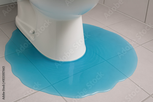 Problematic toilet leak with blue water damage on bathroom floor. This messy plumbing problem requires immediate repair