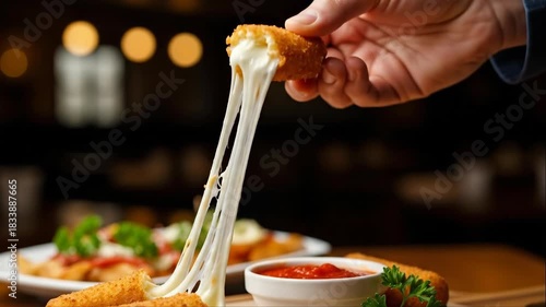 Hand pulling mozzarella cheese stick for snack. Cheesy appetizer with tomato sauce for eating. Restaurant meal concept.