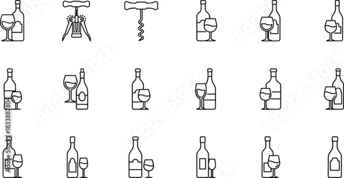 Wine Bottle, Glass, and Corkscrew Icon Set: Sommelier Tools, Alcohol Beverage, Bar, Restaurant, and Drink Celebration Line Art Vector