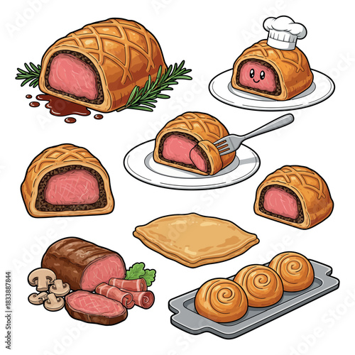 Beef Wellington Vector Illustration with Pastry Crust and Gourmet Filling Beef Wellington Graphic Illustration with Steak and Pastry Layers 