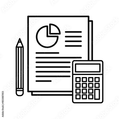 Line art icon representing financial accounting and calculation with a document showing a pie chart, a pencil, and a calculator